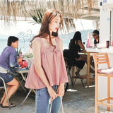 cherrykoko韩国代购2016春夏新款甜美无袖粉色娃娃衫吊带短款衬衫