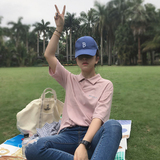 2016夏季新款粉色刺绣翻领短袖T恤女韩版学生宽松纯色polo衫体恤