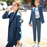 2016春季休闲西装套装女韩国代购 宽松双排扣小西服长裤两件套潮