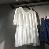 韩国东大门订单2DAY正品夏季女装新款下摆拼接百褶雪纺套头T恤