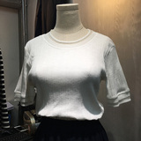 韩国ulzzang2016秋装新款2day修身弹力拼接网纱白色五分袖T恤衫女