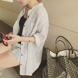 2016夏季新款女装 韩版宽松立领中长款条纹上衣长袖衬衫女潮
