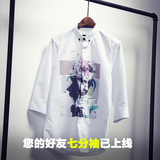 欧美夏季新款韩版男士七分袖修身衬衫纯棉印花衬衣男中袖衬衫潮牌
