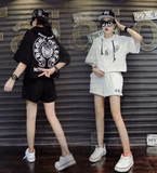 2016新款韩版宽松大码克罗心显瘦短裤打底衫连帽短袖t恤女两件套
