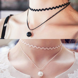 韩国官网波浪性感杂志黑色蕾丝超短珍珠锁骨链颈链女短款项链饰品