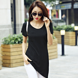 时尚不规则t恤女短袖个性夏装2016新款韩版修身显瘦纯色口袋上衣