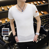 特价夏季男士修身弹力冰丝短袖T恤网纱镂空薄韩版男白色半袖t恤衫
