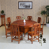 实木中式大圆桌圆形饭桌1.6米1.8米餐桌椅组合中式雕花圆台榆木