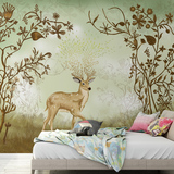 北欧简约风格墙纸复古怀旧客厅卧室电视背景壁纸麋鹿树林大型壁画