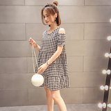 夏装新款韩版潮时尚格子露肩短袖高腰娃娃裙宽松显瘦中长款连衣裙