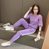 2016夏季新款韩版潮口袋针织短袖女T恤上衣+小脚裤两件套时尚套装