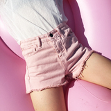 韩国夏季新品甜美可爱粉色磨破毛边小高腰牛仔裤短裤女 糖果色
