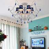 地中海创意田园儿童卧室公主房铁艺白色客厅美式现代蓝色水晶吊灯