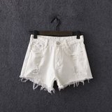 T235-1q（外贸）夏季全棉白色牛仔短裤女修身破洞韩版潮毛边热裤