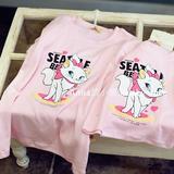 外贸童装韩版女童夏款粉色猫咪纯棉短袖T恤 亲子装半袖打底衫