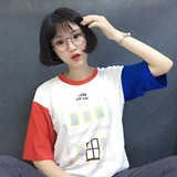 夏季新款韩版学院风拼色袖韩版宽松短袖体恤上衣闺蜜装T恤女学生