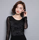 2016秋季新款韩版修身显瘦金银丝网纱大码圆领打底衫女长袖T恤