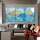 装饰画世界地图挂画客厅办公室背景墙壁画三联中文英文版书房挂图