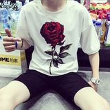 夏季男士潮流拼接半袖T恤2016新款男士玫瑰花简约风修身大码上衣