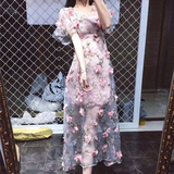 夏季新品粉色重工网纱刺绣立体花朵透视3D手工花连衣裙度假长裙仙