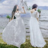 韩国夏季新款白色复古修身显瘦短袖蕾丝刺绣大摆连衣裙长裙仙女裙