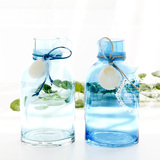 zakka地中海风蓝色小清新透明玻璃水培花瓶 客厅卧室装饰花器 2色