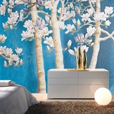 虫虫大型壁画 客厅卧室/沙发电视墙背景墙壁纸蓝色现代简约玉兰花
