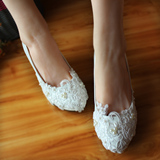 新娘鞋珍珠韩版公主鞋 白色手工高跟单鞋 超仙蕾丝伴娘鞋结婚鞋女