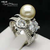 仲夏之晶 韩国星星 大珍珠戒指水晶水钻女戒指环时尚潮人装饰饰品