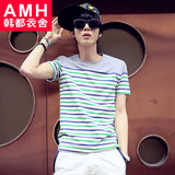 AMH男装韩版2015夏装新款圆领修身条纹拼色男士短袖T恤QA3149凱