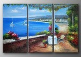 麦画地中海风景油画手绘现代客厅装饰画三联画无框画壁画M993