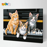 新款数字油画diy 客厅风景清丽手绘装饰画动物 钢琴小猫