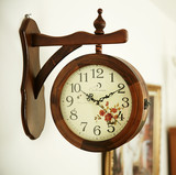 石英实欧式钟表创意时尚田园客厅时钟 双面两面钟挂钟木电池懿