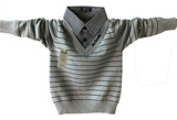 2015秋冬季新品 BYTZ条纹针织衫 男童衬衫领假两件横条纹儿童毛衣