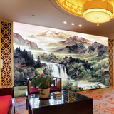 定制大型客厅沙发背景墙壁纸壁画瀑布中式山水国画墙纸画无缝定制