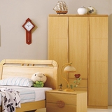 原木色卧室整体拉门简易实木三门中小型衣柜橡木木质框架衣橱