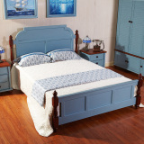 蓝白色地中海做旧主卧床美式乡村双人床 可定制实木儿童卧室家具