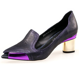 2015春夏新款擦色紫羊皮鱼嘴单鞋金属粗跟中跟拼色尖头真皮淑女鞋