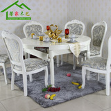 实木桌子 可伸缩餐桌欧式田园餐桌橡木餐桌椅组合象牙白折叠餐桌