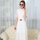2015夏新款白色蕾丝雪纺长裙连衣裙短袖OL修身中腰包邮两生花同款