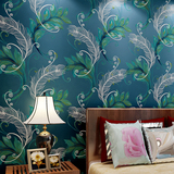 中式壁纸古典花鸟画墙纸无纺布卧室床头背景墙客厅酒店客房蓝色
