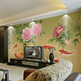 大型壁画 电视背景墙壁纸墙纸画客厅卧室装饰 牡丹九鲤鱼图 FQ032
