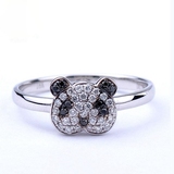 金钻博士 18K金天然南非黑白钻可爱小熊猫0.17克拉钻石 戒指