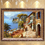 欧式地中海风景纯手工手绘油画别墅客厅装饰有框酒店餐厅挂画壁炉