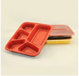 热卖一次性快餐打包盒红黑便当塑料饭盒五格商务套餐盒800套批发