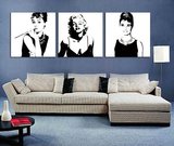 奥黛丽赫本黑白三联画|时尚简约客厅无框画|现代沙发背景墙装饰画