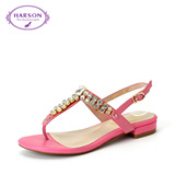 哈森/Harson 夏季款羊皮水钻夹脚方跟绑带扣女凉鞋HM49072