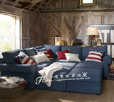 美式乡村棉麻布艺沙发地中海蓝色L型转角贵妃客厅组合羽绒沙发床