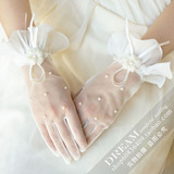 新娘结婚纱手套短款韩文静明星同款礼服配饰韩式蕾丝珍珠手套白色