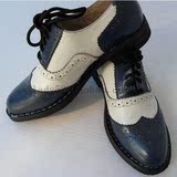 蓝白拼色 纯手工皮鞋 订做内增高皮鞋 男女鞋雕花镂空巴洛克单鞋